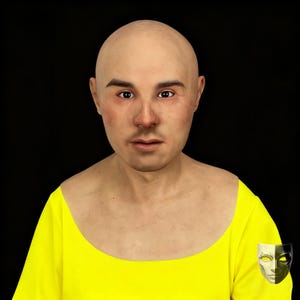 May include: A realistic bald head mask with a neutral expression. The mask has detailed facial features, including eyebrows, eyes, nose, and a mouth. The person is wearing a bright yellow top. A mask logo is in the bottom right corner.