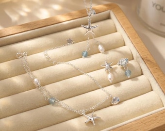 Seashell Starfish Beach Jewelry Set With 925 Sterling Silver , Dainty Ocean Earring Bracelet Necklace Set