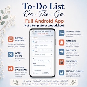 May include: A smartphone displaying a To-Do List On-The-Go Android app interface with task lists, checkboxes, and notes. The graphic includes text features like one-time purchase, works offline, data privacy, repeating tasks, reminders, and progress tracking.