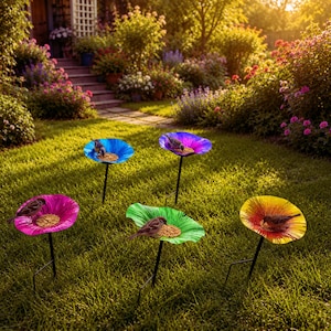 May include: Five flower-shaped bird feeders in a garden. Each feeder, in blue, purple, pink, green, and yellow, contains birdseed and attracts small birds. The feeders are supported by black metal stakes, set in a green lawn.