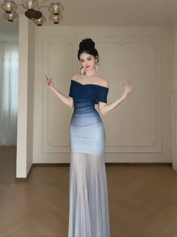 Weddy Dress, Navy Blue Ombre Mermaid Evening Gown, Off Shoulder Formal Dress, Wedding Guest Prom Maxi, Gradient Bodycon