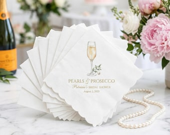 Pearls Prosecco Bridal Shower Napkins, Personalized Champagne Cocktail Party Decor