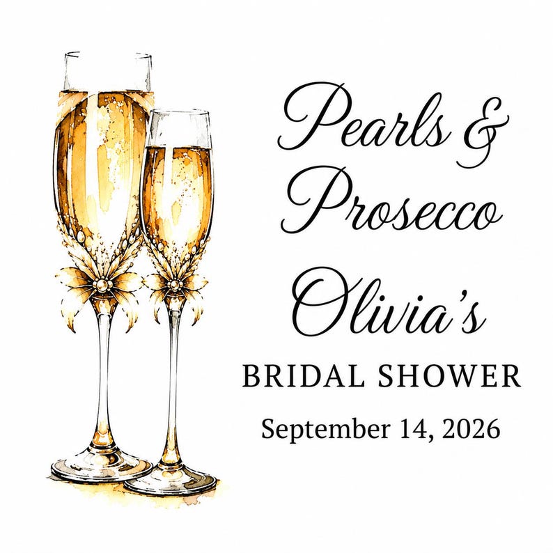 May include: A watercolor illustration of two champagne flutes decorated with pearls and bows, accompanied by the text: Pearls & Prosecco, Olivia's BRIDAL SHOWER, September 14, 2026. The glasses are filled with a golden liquid.