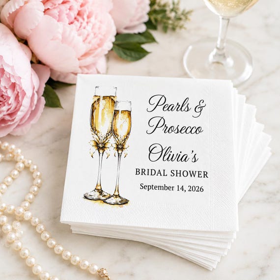 Pearls Prosecco Bridal Shower Napkins, Personalized Champagne Cocktail Party Decor