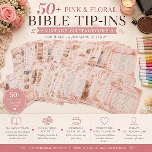 Puede incluir: Una colección de más de 50 insertos bíblicos rosas y florales con diseños vintage para llevar un diario y estudiar. Las hojas impresas muestran varios textos religiosos, gráficos e ilustraciones, acompañados de marcadores.