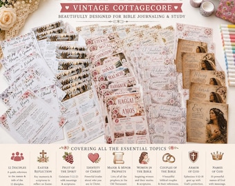 Paquete de insertos bíblicos estilo Cottagecore vintage / Kit imprimible para diario bíblico / Insertos florales para estudio cristiano / 10 categorías diferentes