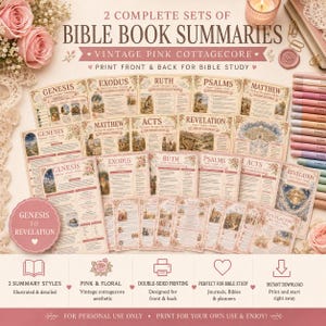 May include: Two complete sets of Bible book summaries featuring vintage pink floral designs. The printed sheets include titles like Genesis, Exodus, Ruth, Psalms, Matthew, Acts, and Revelation with detailed text, illustrations, and study notes.