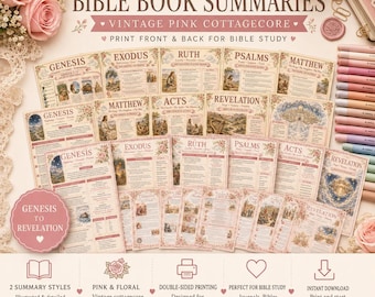 Puede incluir: Dos juegos completos de resúmenes de libros bíblicos con diseños florales rosas vintage. Las hojas impresas incluyen títulos como Génesis, Éxodo, Rut, Salmos, Mateo, Hechos y Apocalipsis con texto detallado, ilustraciones y notas de estudio.