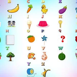 Könnte beinhalten: Ein pädagogisches Alphabet-Poster von A bis Z, bei dem jeder Buchstabe mit einer farbigen Illustration versehen ist, darunter Apfel, Banane, Karotte, Ente, Aubergine, Blume, Geschenk, Haus, Eis, Wackelpudding, Schlüssel, Glühbirne, Mango, Notizbuch, Orange, Windrad, Fragezeichen, Rose, Erdbeere, Baum, Regenschirm, Vase, Wassermelone, Xylophon, Jo-Jo und Reißverschluss.