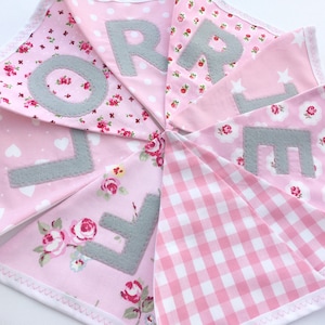 Personalised Name Bunting, Fabric Lettered Flag Banner for nursey in grey and pink