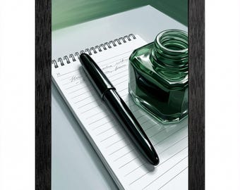 Fountain Pen Wall Art,Forest Green Office Canvas,Minimalist Writer Study Decor