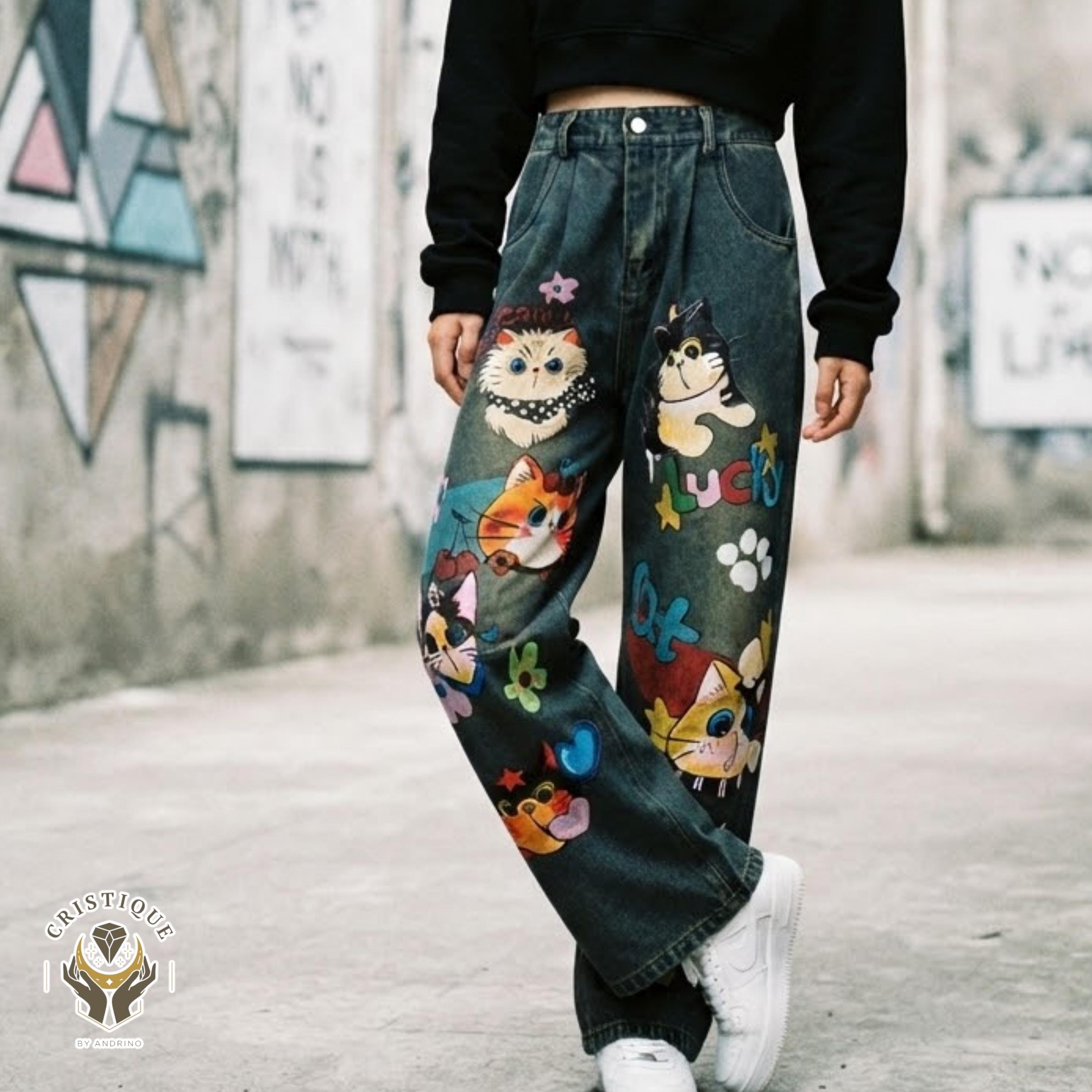 Cat Print Jeans - Etsy