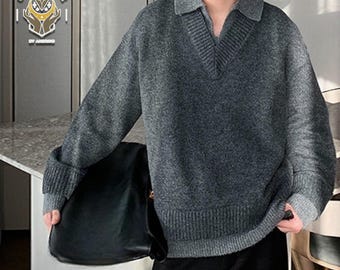 V-Ausschnitt Pullover Pullover | Übergroßes weiches Minimal Top | Alltagskleidung | Sauberer lässiger Stil