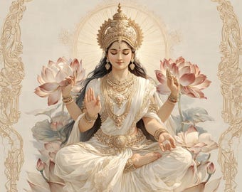 女神サラスワティのウォールアートプリント | ホワイトの美的ヒンドゥー教の女神ポスター | サラスワティのデジタルダウンロード | 寺院の装飾 |