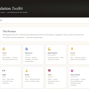 May include: A website page titled "Sensory & Self-Regulation Toolkit" with a black header. The page details "The 8 senses" including touch, movement, body position, sound, sight, smell, taste, and internal body, with brief descriptions.