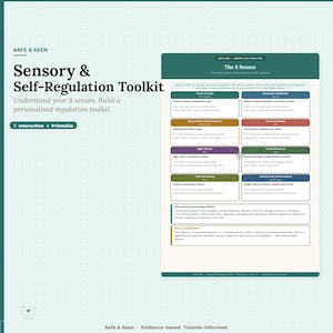 May include: A teal and white infographic titled "Sensory & Self-Regulation Toolkit" with text explaining the 8 senses. The graphic includes a list of the senses and their functions, with the words "Interactive + Printable".