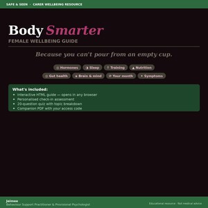Body Smarter — Female Wellbeing Guide | | Hormones, Cycle, Gut, Brain & Symptom Decoder | Interactive HTML | Trauma-Informed Carer Resource