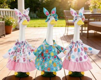 Porch Goose Clothes, Easter Porch Goose Costume with Bunny Ear Hat, Spring Dress for 23" Goose Statue – Bunny & Egg Print Clothing