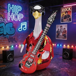 Pode incluir: Uma estatueta de ganso branco usando óculos de sol pretos estilo gatinho e fones de ouvido pretos, vestida com uma camisa vermelha de manga curta com padrões de chamas amarelas. O ganso segura uma guitarra elétrica vermelha e preta.