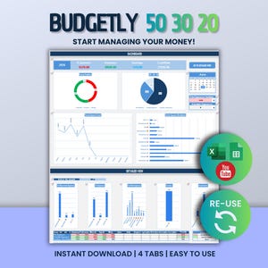 Budget Planner Excel & Google Sheets 50 30 20 Budget Rule Monthly Expense Tracker Financial planner 2026 Personal Budget Beginner