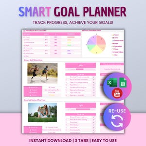 Può includere: Un modello digitale di Smart Goal Planner con una tabella di monitoraggio, un grafico a torta per la distribuzione degli obiettivi e due sezioni con foto di una persona che corre e una che legge. Include icone per Excel, Google Sheets e YouTube.