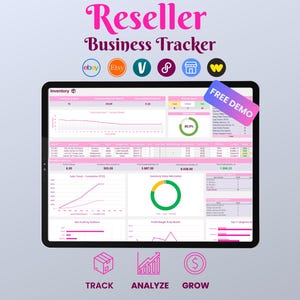 Può includere: Una dashboard digitale Reseller Business Tracker visualizzata su uno schermo di tablet. L'interfaccia presenta tabelle dati, grafici a linee e grafici a torta in rosa e bianco. Sono presenti icone di varie piattaforme e il testo FREE DEMO.