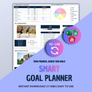 Può includere: Un modello di pianificatore di obiettivi digitale con una tabella di avanzamento per categoria, un grafico a torta, una lista di cose da fare e sezioni di monitoraggio. Include icone Excel, Google Sheets e YouTube, con il testo "RE-USE", "TRACK PROGRESS, ACHIEVE YOUR GOALS!", "SMART GOAL PLANNER" e "INSTANT DOWNLOAD | 3 TABS | EASY TO USE".