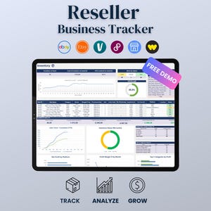 Può includere: Una dashboard digitale Reseller Business Tracker visualizzata su uno schermo di tablet. L'interfaccia presenta dati di inventario, tendenze di vendita, margini di profitto e grafici di stato. Un banner diagonale rosa riporta FREE DEMO.