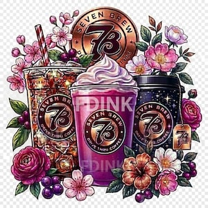 May include: An illustration of three beverages from Seven Brew Coffee, surrounded by flowers and berries. One drink is iced, another is a purple drink with whipped cream, and the third is in a black container. The Seven Brew logo is visible on each drink.