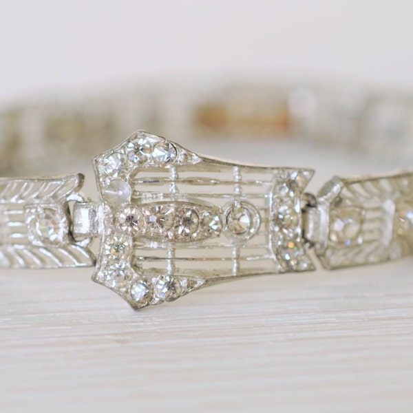 1920's Art Deco / Rhinestone filigree bracelet / bridal jewelry // BUCKLE