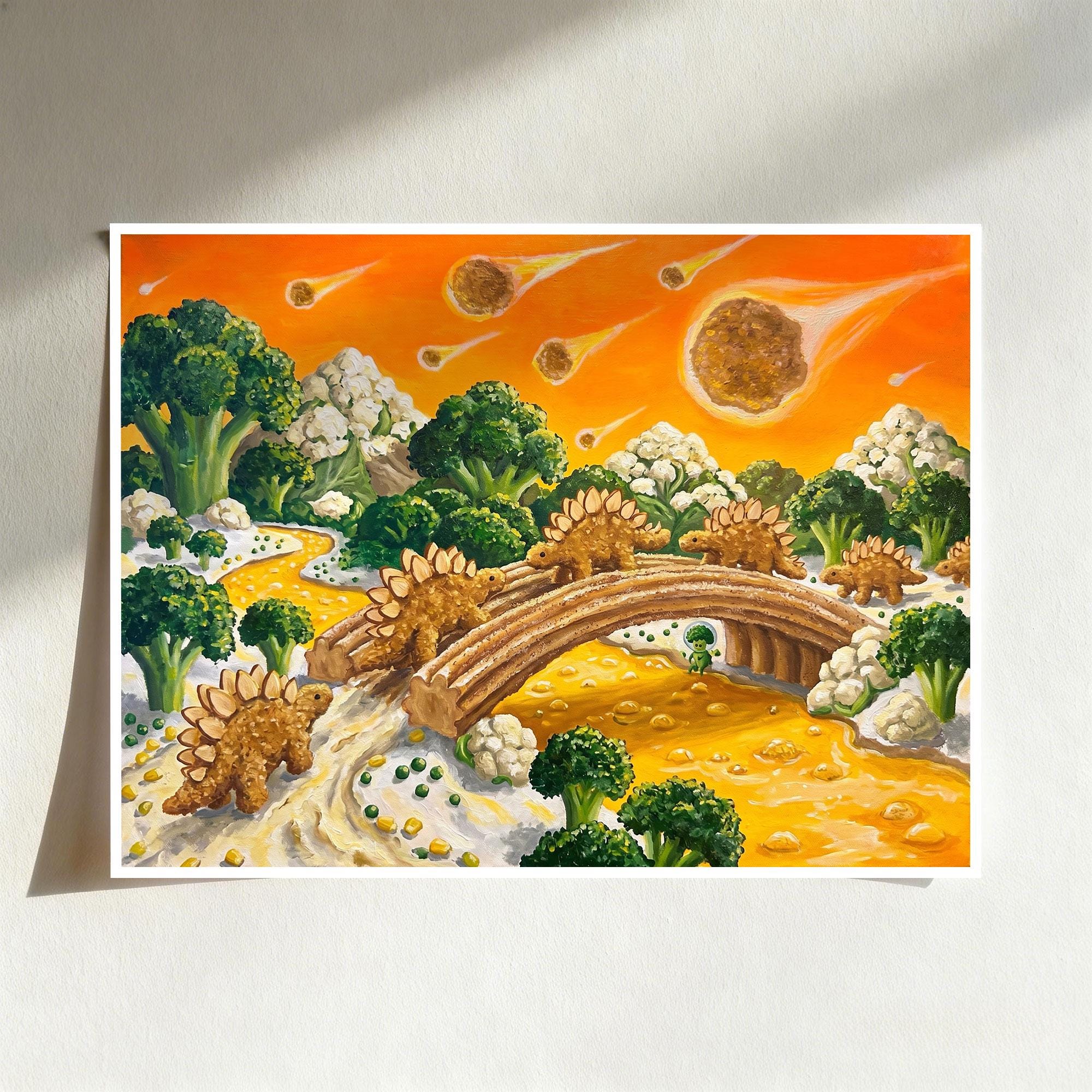 Chicken Nugget Stegosaurus Art Print – Prehistoric Food Scene, Broccoli ...