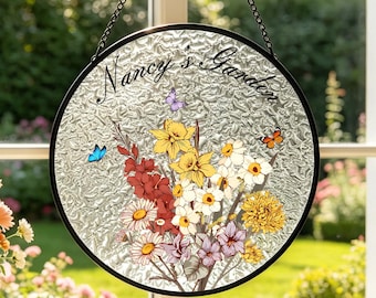 Atrapasueños de cristal personalizado con flores de nacimiento familiares, ramo familiar para colgar en la ventana, regalo del Día de la Madre para mamá y abuela, regalo personalizado para el jardín de mamá