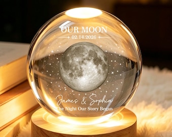 Lámpara de noche personalizada con bola de cristal con fases lunares, regalo personalizado del cielo nocturno por fecha, regalo de aniversario para parejas, lámpara con nombres y fecha, regalo de Navidad