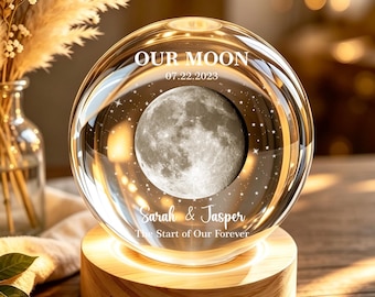 Lámpara de noche personalizada con bola de cristal con fases lunares, lámpara lunar para nuestro día especial, regalo de aniversario para parejas, regalo de cumpleaños, regalos de boda.