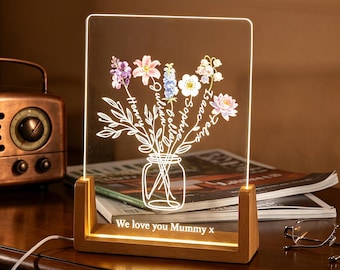 Lámpara de noche personalizada para el jardín de la abuela, lámpara de noche personalizada con ramo familiar y tu nombre, regalo para el Día de la Madre, regalos de Navidad para mamá y abuela.