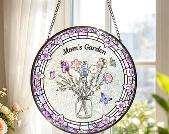 Atrapasueños de cristal personalizado con flores de nacimiento, adorno floral familiar personalizado para ventana, regalo para el jardín de la abuela, regalo del Día de la Madre, regalo para ella.