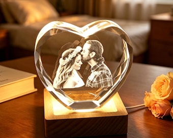 Lámpara LED personalizada con retrato fotográfico en forma de corazón de cristal 3D, luz nocturna de cristal grabada con foto, regalo para el Día del Padre, regalo de aniversario para ella.