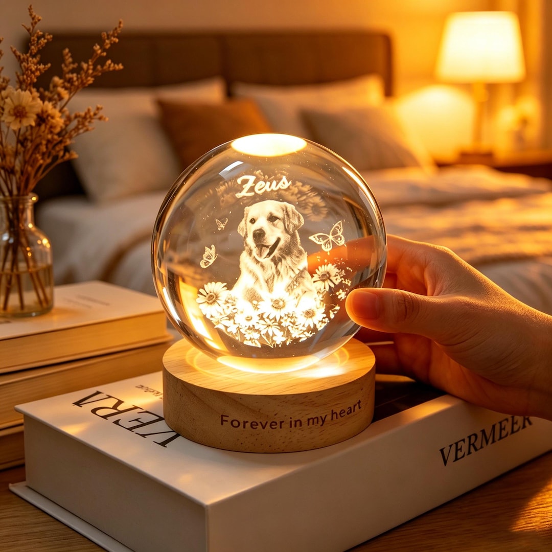 Personalized Pet Memorial Crystal Ball Night Light, Pet Portrait Crystal Ball Lamp, Pet Loss Keepsake, Pet Lover Gift, Dog Cat Memorial Gift
