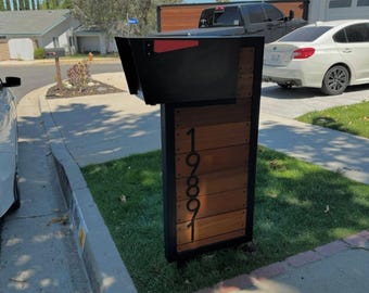 Modern Wood & Metal Mailbox Post – Luxury Contemporary Mailbox, Custom House Numbers, Minimalist Outdoor Mailbox, Curb Appeal Upgrade