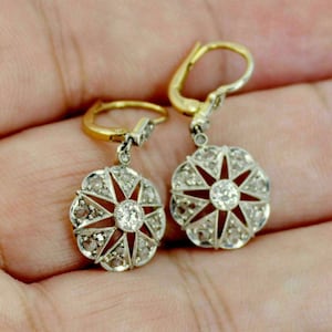 Pendientes colgantes vintage con brújula y diseño de estrella, pendientes Art Déco bicolor en oro, pendientes colgantes de moissanita de estilo victoriano antiguo para mujer.
