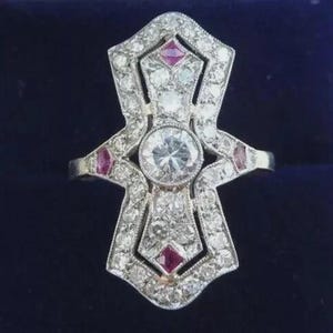 Round Cut Moissanite Long Dinner Ring, 14K White Gold Art Deco Shield Ring, Antique Calibre Cut Ruby Geometric Plaque Ring, Retro North