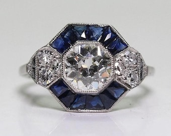 Vintage Art Deco Sapphire & Diamond Halo Ring - Antique Geometric Target Ring - Hexagonal Milgrain Engagement Ring - 925 Silver / Solid Gold