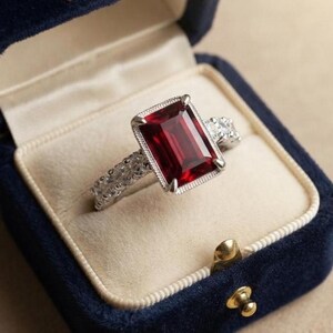 May include: A silver-toned ring featuring a large, rectangular, emerald-cut deep red gemstone set in a milgrain-detailed frame. The band is encrusted with small, clear, round-cut stones along the sides, presented in a navy blue velvet box.