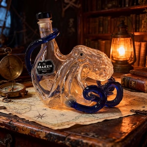 Handgjord blå bläckfiskglasflaska med ett nautiskt tema. Unik design, en kreativ present i piratstil. Lämplig för barer.