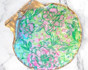 Preppy Pink and Green Large Scallop Shell Trinket Dish or Perfect Mah Jong Dice Dish