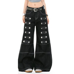 Studded Baggy Jeans | Dark Straight Leg Pants | Daily Wear | Punk Streetwear Style

Black studded wide leg jeans with rivet detail streetwear style