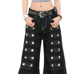 Studded Baggy Jeans | Dark Straight Leg Pants | Daily Wear | Punk Streetwear Style

Black studded wide leg jeans with rivet detail streetwear style