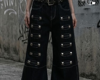 Nieten Baggy Jeans | Dunkle Hose mit geradem Bein | Alltagskleidung | Punk Streetwear-Stil