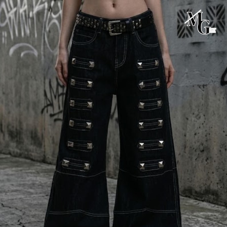 Studded Baggy Jeans | Dark Straight Leg Pants | Daily Wear | Punk Streetwear Style

Black studded wide leg jeans with rivet detail streetwear style