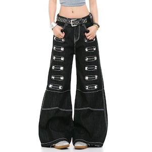 Studded Baggy Jeans | Dark Straight Leg Pants | Daily Wear | Punk Streetwear Style

Black studded wide leg jeans with rivet detail streetwear style